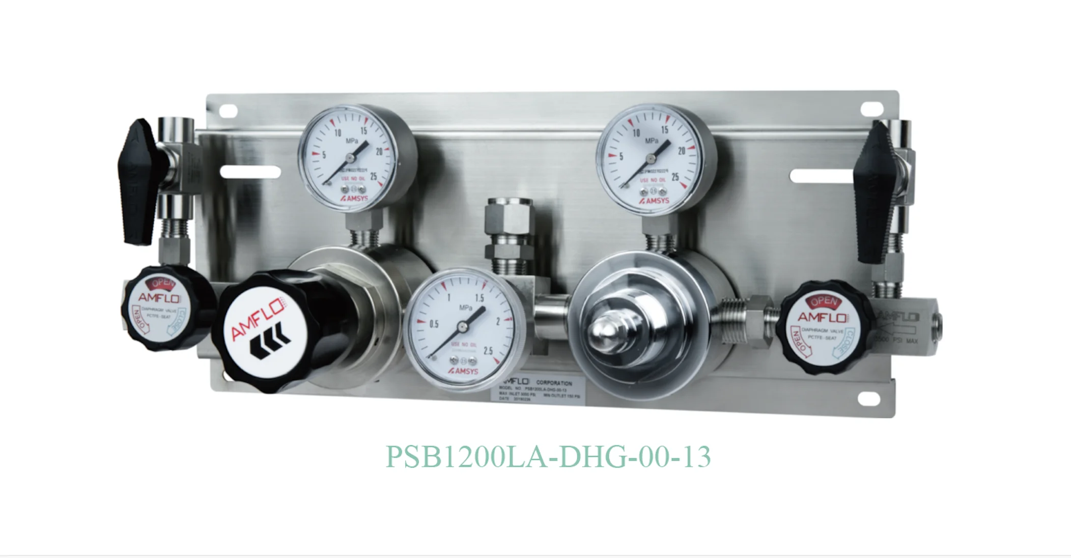 Панель газовая полуавтоматическая AMFLO PSB1200 ADGP13R,  одноступенчатая, Pвх-206 bar, c манометрами, PRV, PUV, обж. фитинг 1/2''  CV-1.0 / Semi-automatic GP AMFLO PSB1200 ADGP13R single-stage, inlet pressure 206bar,  PRV, ball valves. FNPT 1/2 CV-1